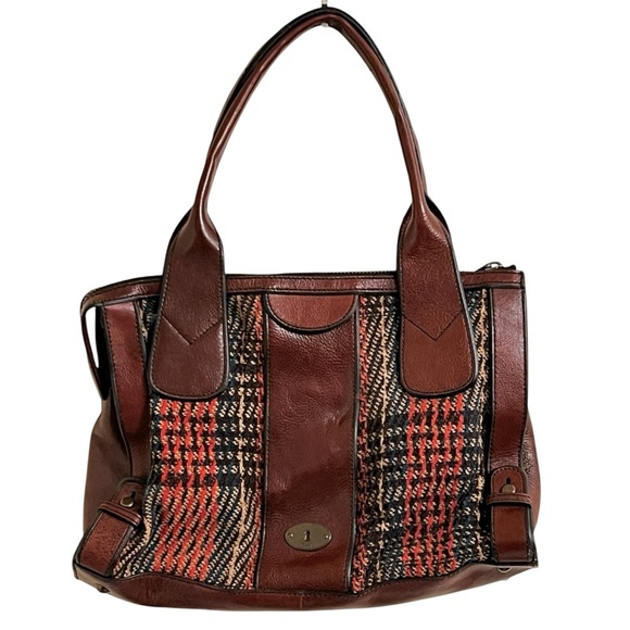 Fossil Brown Leather Tote Bag Tweed Fabric Zip Closure Double Handles Carryall - Picture 1 of 13